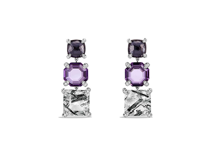 Rhodium Plated Square Multicolored Stone Dangle Earring